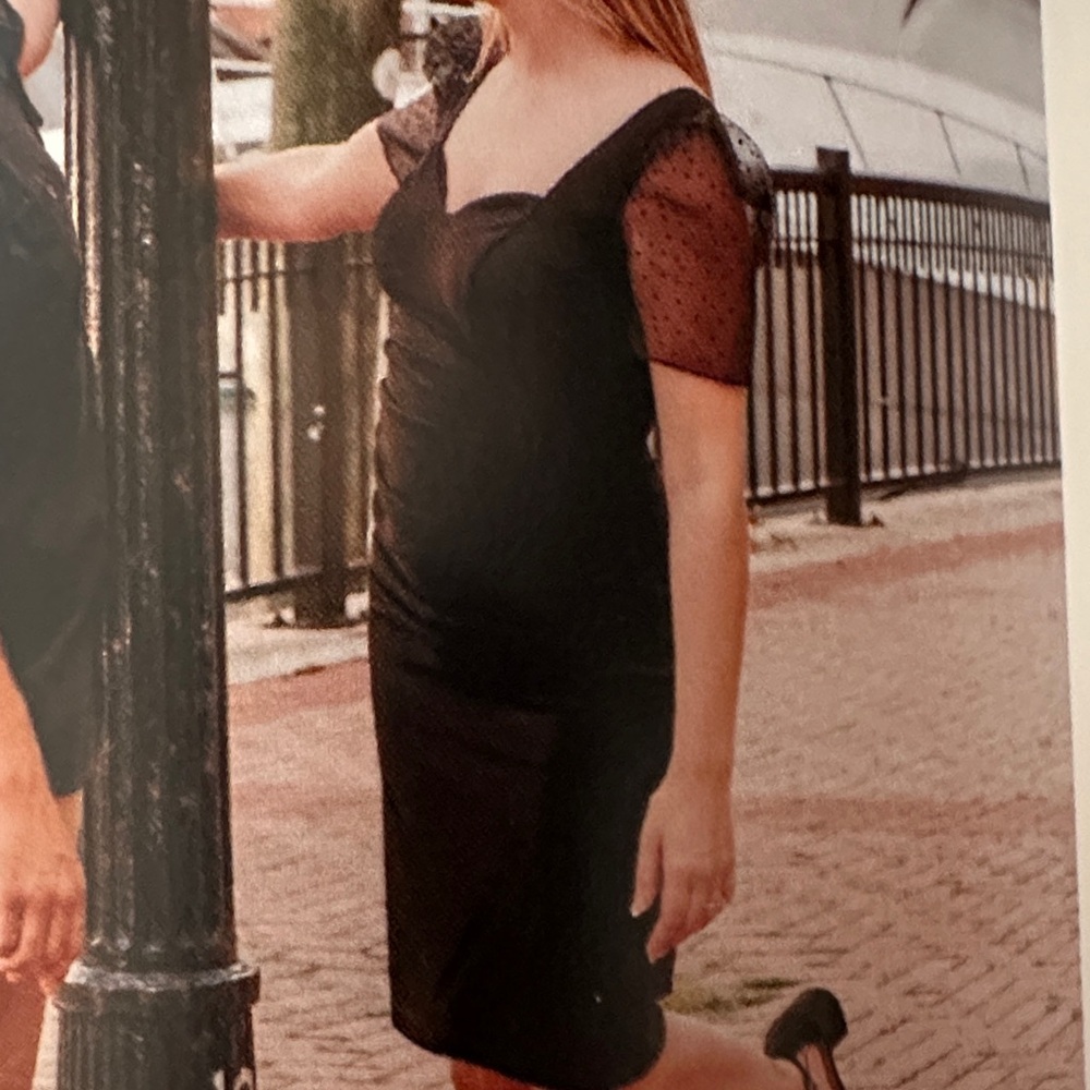 David’s Bridal Studio little black dress with polka dot puff sleeve